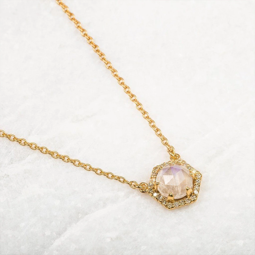Hexagon Moonstone Diamond Necklace