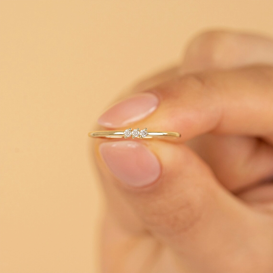 18K Gold Tiny Three Diamond Ring