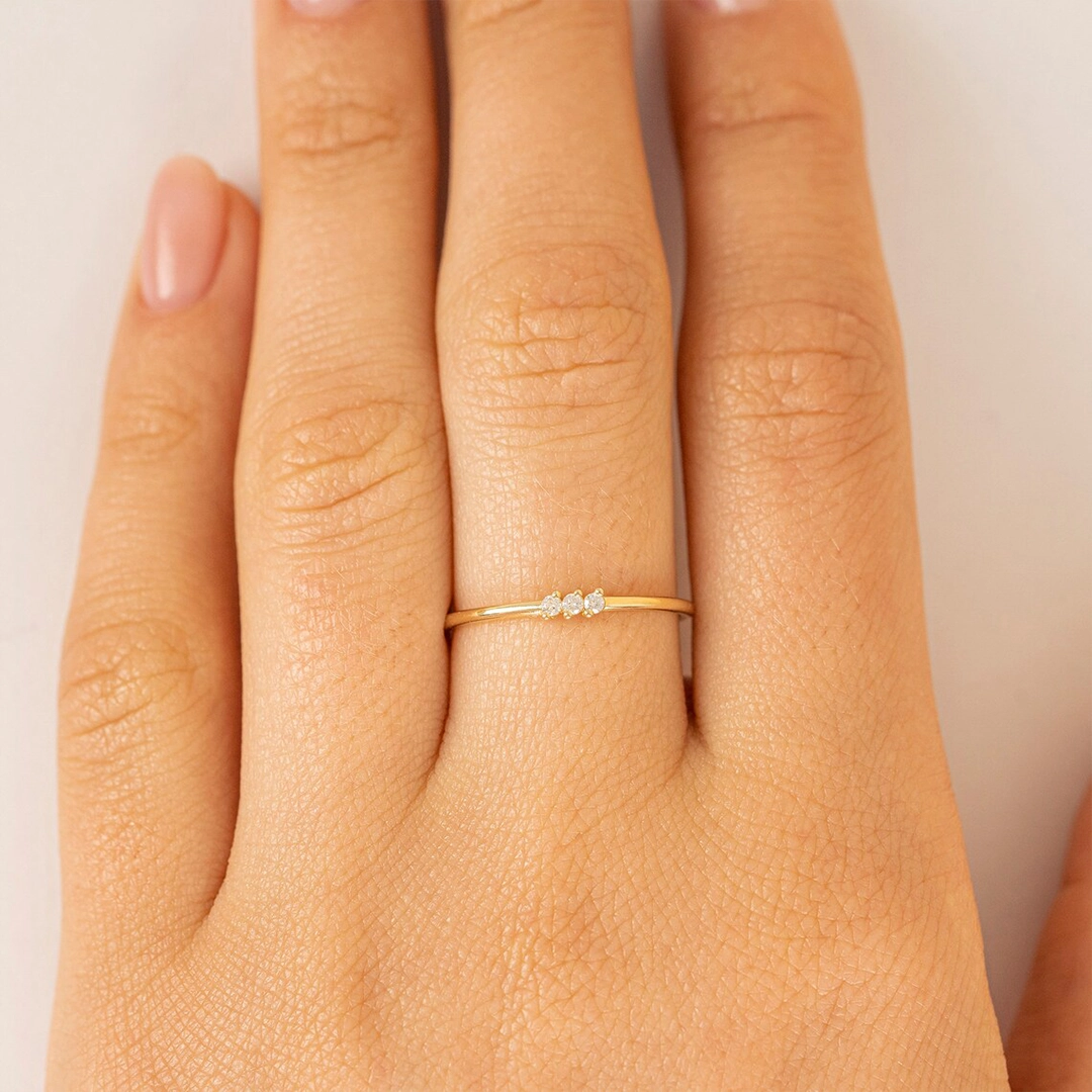 18K Gold Tiny Three Diamond Ring
