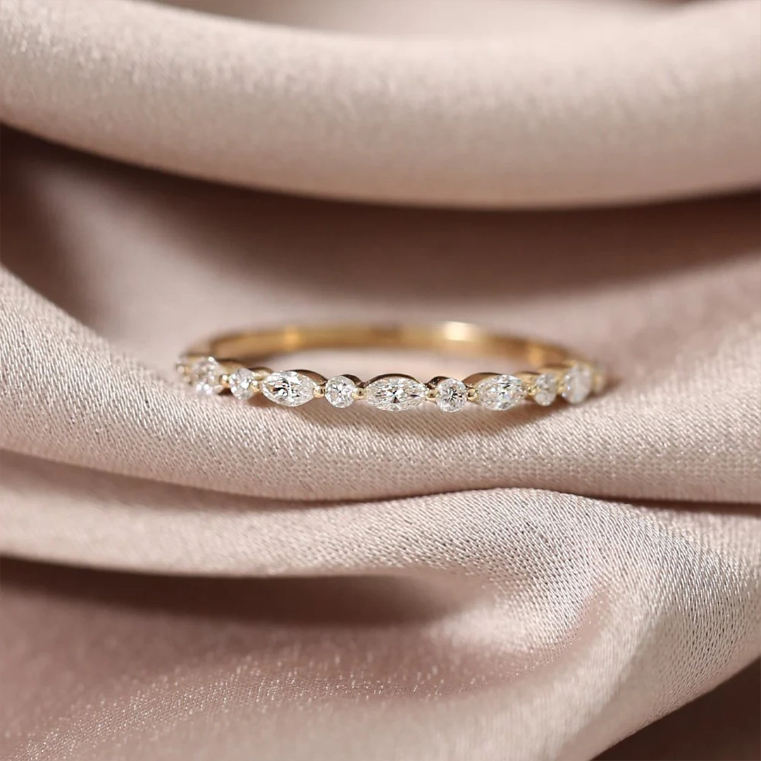 18K Gold Petite Marquise and Round Diamond Band