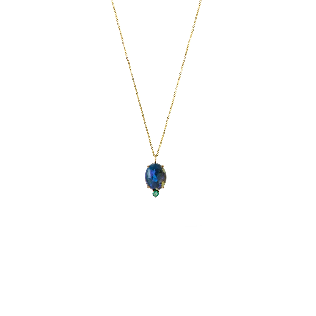 18K Gold Australian Opal and Emerald Necklace